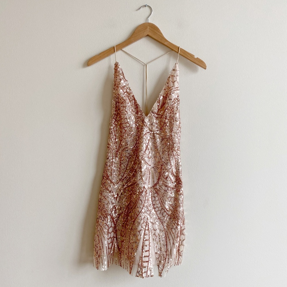 NWT Showpo Rose Gold Sequin Mini Dress - Picture 5 of 8